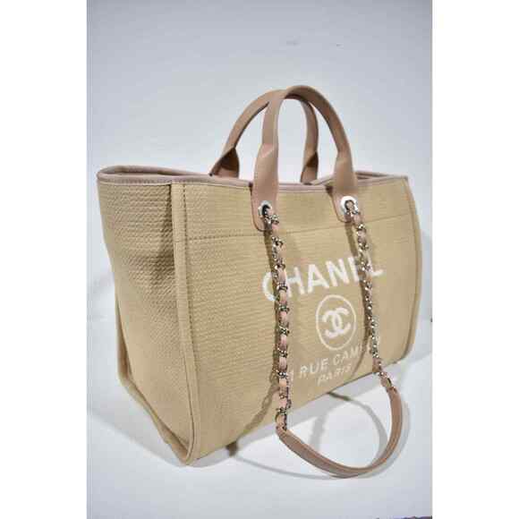 Chanel 22S Deauville Beige Large Shopping 30cm 2Way Silver Chain Handle Tote Bag - Picture 5 of 12